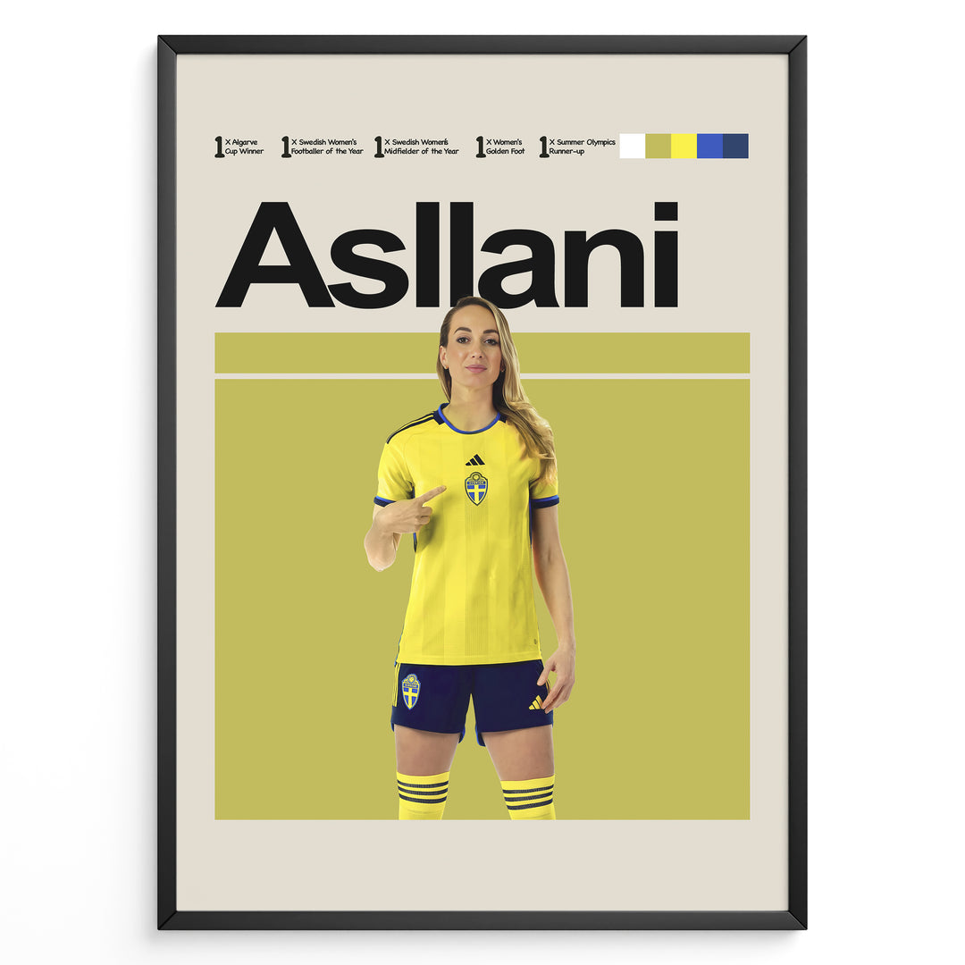 Kosovare Asllani plakat | Svensk landsholdstrøje i gult og blåt med stærk attitude og præstationer – perfekt til fans af kvindefodbold og Sverige