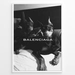 Load image into Gallery viewer, Fashion Plakat | Balenciaga Poster Featuring Dobermans in Black and White Plakaty.dk | Black and white poster of two Dobermans lying on a bed with the Balenciaga logo across the center.
