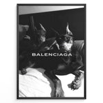 Load image into Gallery viewer, Fashion Plakat | Balenciaga Poster Featuring Dobermans in Black and White Plakaty.dk | Black and white poster of two Dobermans lying on a bed with the Balenciaga logo across the center.
