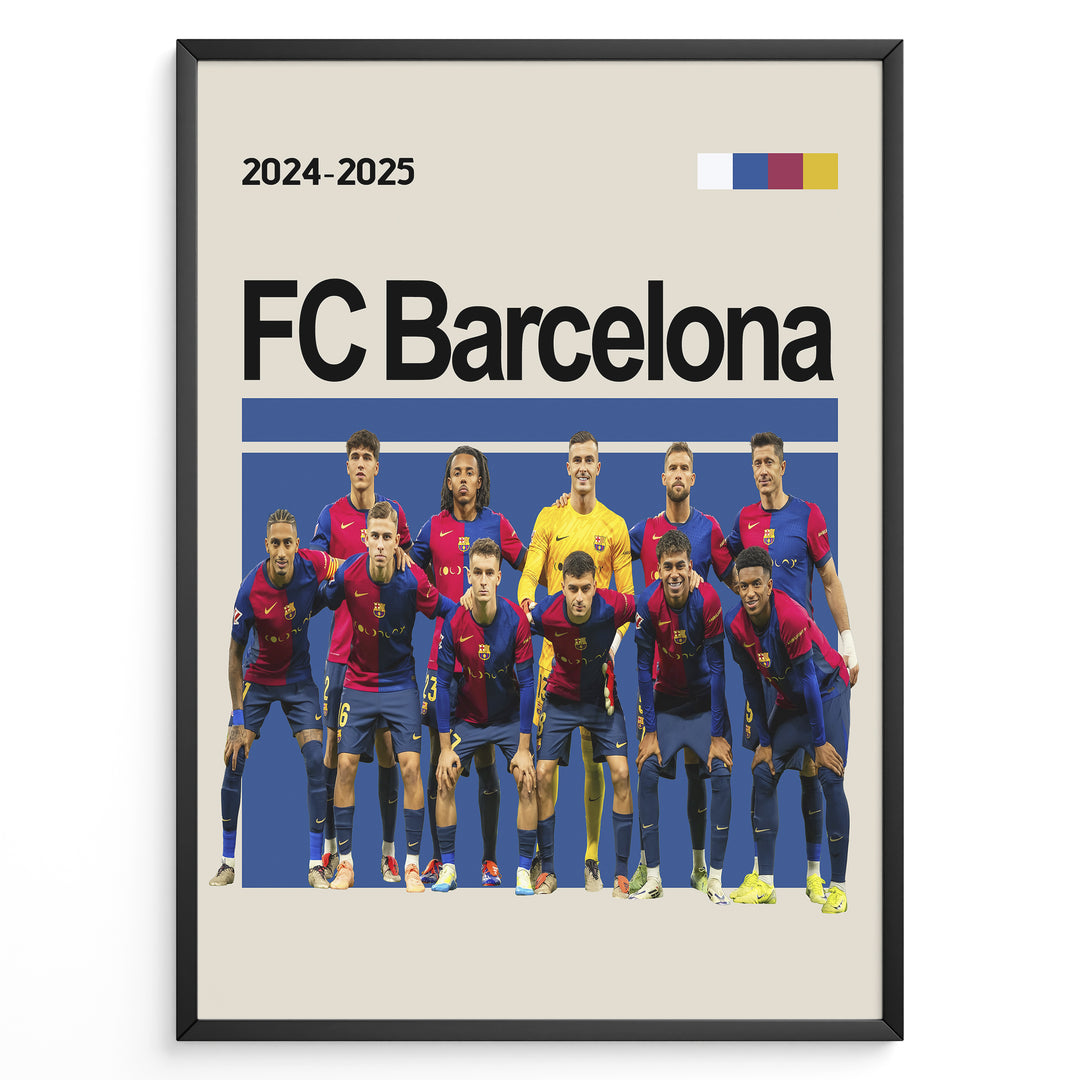 Holdfoto | FC Barcelona fodboldplakat 2024-2025 med hele holdet i blå-rød hjemmebanetrøje – perfekt som gave eller vægpynt.