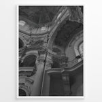 Load image into Gallery viewer, Fashion Plakat | Baroque Church Interior – Architectural Black and White Photography Plakaty.dk | Black and white photograph of a grand Baroque church interior with ornate columns, decorative arches, and ceiling frescoes
