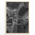 Load image into Gallery viewer, Fashion Plakat | Baroque Church Interior – Architectural Black and White Photography Plakaty.dk | Black and white photograph of a grand Baroque church interior with ornate columns, decorative arches, and ceiling frescoes
