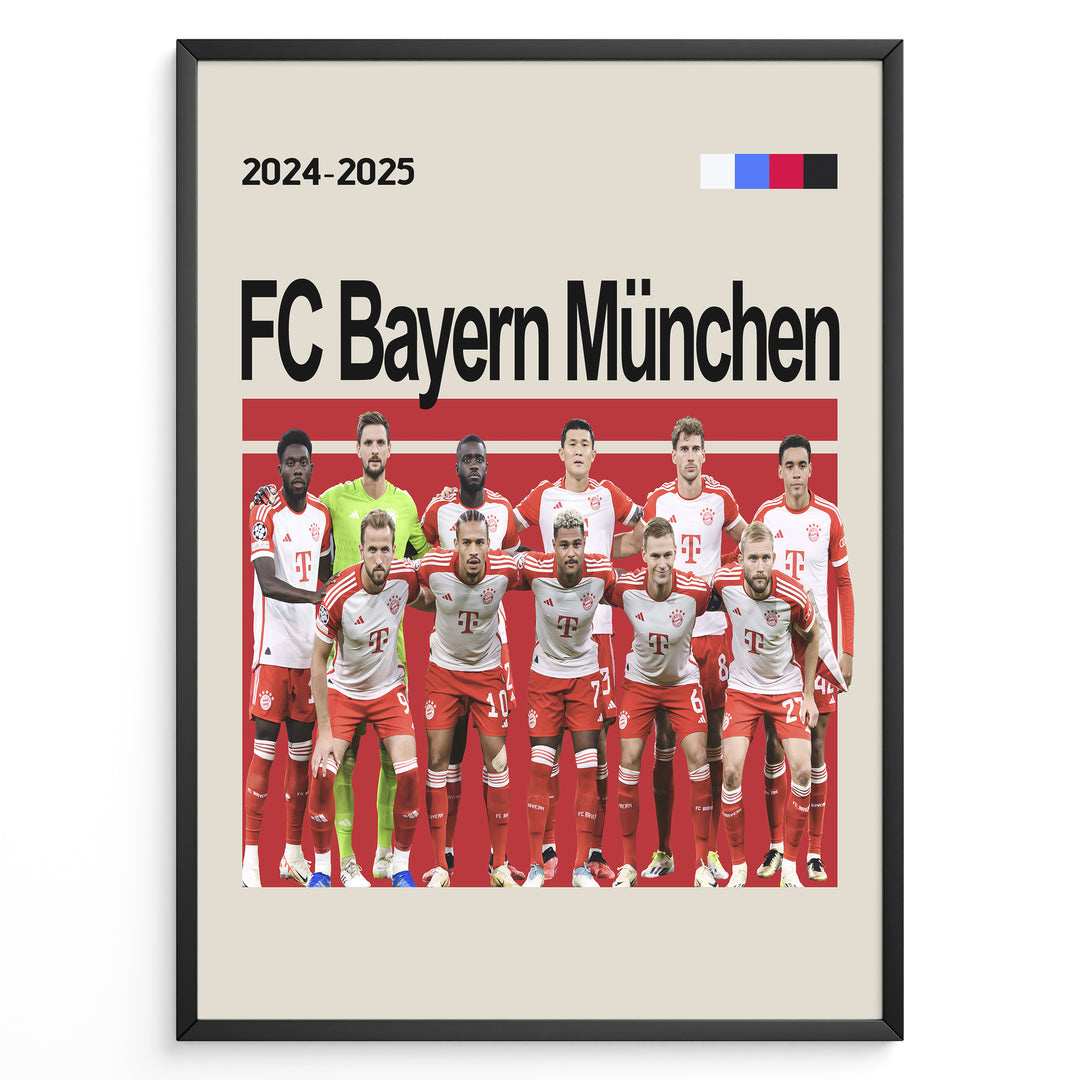 Holdfoto | FC Bayern München fodboldplakat 2024-2025 med hele truppen i hvid-røde trøjer – et stilrent valg til væggen hos enhver Bayern-fan.
