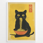 Load image into Gallery viewer, Japanske plakater | Illustration of a black cat with yellow eyes eating noodles from an orange bowl, set against a yellow background with Asian characters in the corner.
