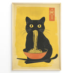 Load image into Gallery viewer, Japanske plakater | Illustration of a black cat with yellow eyes eating noodles from an orange bowl, set against a yellow background with Asian characters in the corner.
