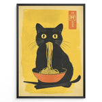 Load image into Gallery viewer, Japanske plakater | Illustration of a black cat with yellow eyes eating noodles from an orange bowl, set against a yellow background with Asian characters in the corner.
