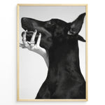 Load image into Gallery viewer, Fashion Plakat | Black and White Fashion Art Print – Dog with Hand Adorned in Rings Plakaty.dk | Black and white artistic photo of a black dog with a human hand wearing multiple rings gently placed on its jaw.
