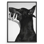 Load image into Gallery viewer, Fashion Plakat | Black and White Fashion Art Print – Dog with Hand Adorned in Rings Plakaty.dk | Black and white artistic photo of a black dog with a human hand wearing multiple rings gently placed on its jaw.
