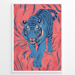 Load image into Gallery viewer, Japanske plakater | Modern pop art illustration of a blue tiger walking forward on a vivid coral-red background with black stripes, framed in black.
