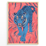 Load image into Gallery viewer, Japanske plakater | Modern pop art illustration of a blue tiger walking forward on a vivid coral-red background with black stripes, framed in black.
