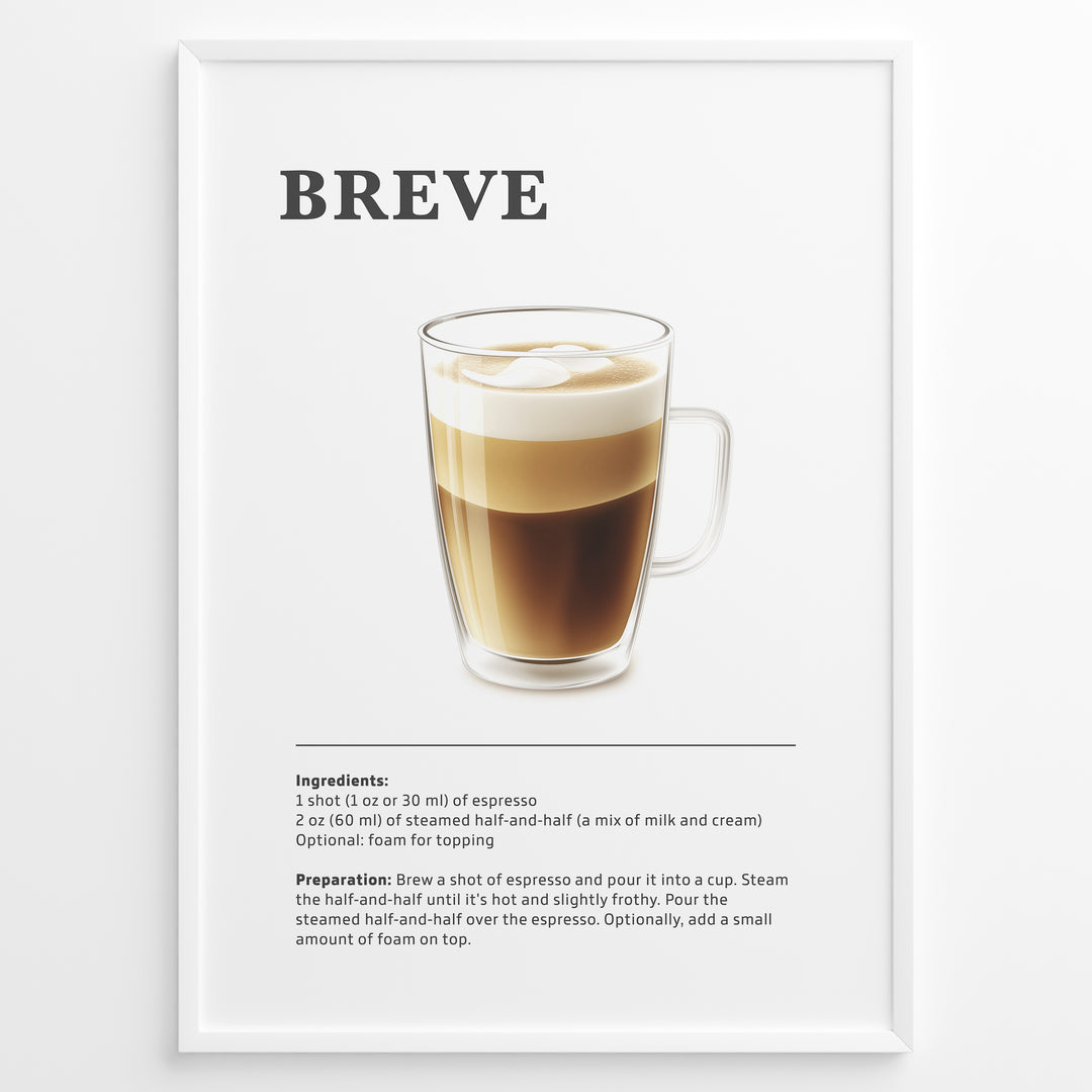 Illustrated Breve coffee recipe poster with a glass of espresso and steamed half-and-half.