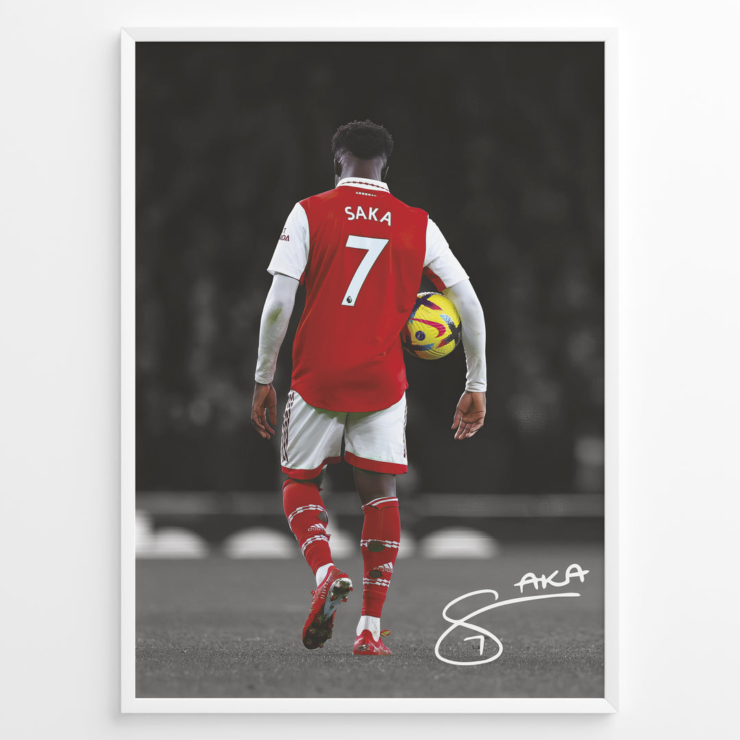 Poster featuring a football player in a red and white No. 7 jersey walking on a stadium field while holding a match ball, with a stylized signature at the bottom.