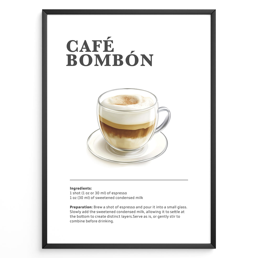 Illustrated Café Bombón recipe poster with layered espresso and condensed milk in a glass cup.