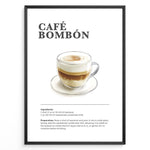 Load image into Gallery viewer, Illustrated Café Bombón recipe poster with layered espresso and condensed milk in a glass cup.

