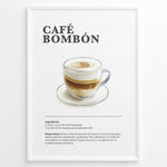 Load image into Gallery viewer, Illustrated Café Bombón recipe poster with layered espresso and condensed milk in a glass cup.
