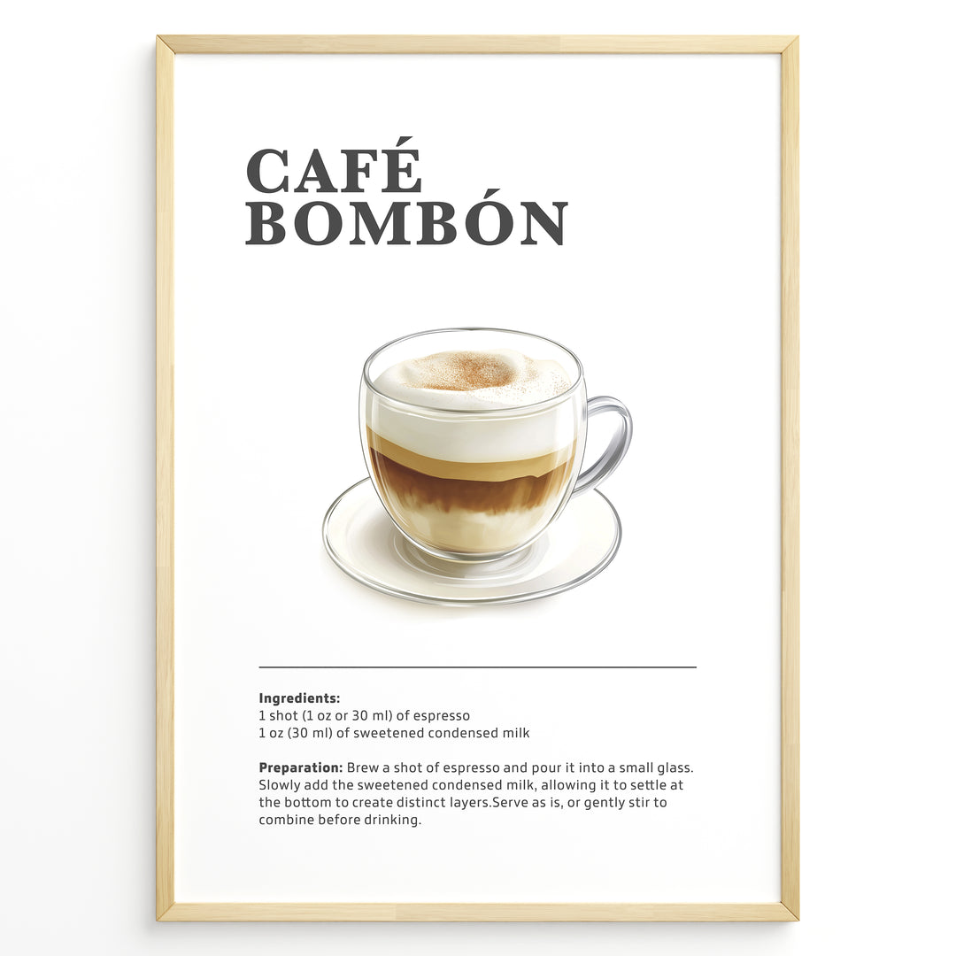 Illustrated Café Bombón recipe poster with layered espresso and condensed milk in a glass cup.