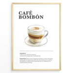 Load image into Gallery viewer, Illustrated Café Bombón recipe poster with layered espresso and condensed milk in a glass cup.
