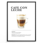 Load image into Gallery viewer, Illustrated Café Con Leche recipe poster with espresso and steamed milk in a clear glass cup.
