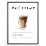 Load image into Gallery viewer, Illustrated Café au Lait recipe poster with a glass of coffee and steamed milk.
