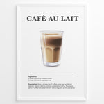 Load image into Gallery viewer, Illustrated Café au Lait recipe poster with a glass of coffee and steamed milk.
