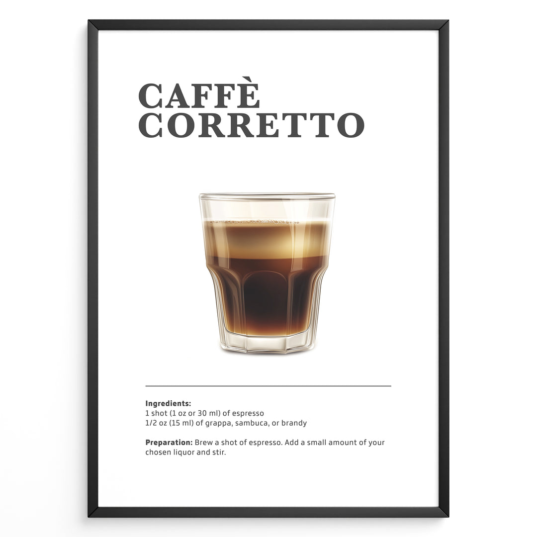 Illustrated Caffè Corretto recipe poster with espresso mixed with liquor in a clear glass.
