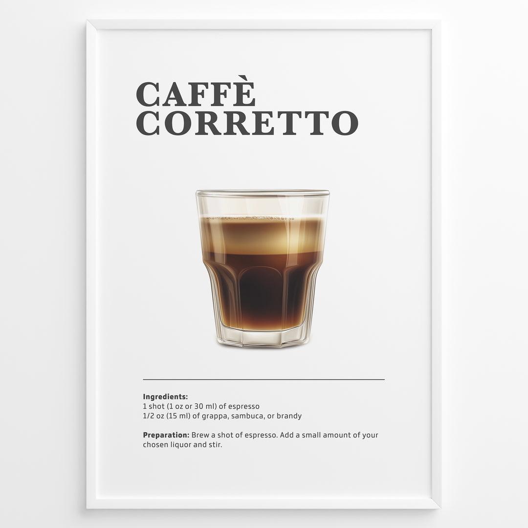 Illustrated Caffè Corretto recipe poster with espresso mixed with liquor in a clear glass.
