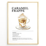 Load image into Gallery viewer, Illustrated Caramel Frappe recipe poster with an iced coffee drink topped with whipped cream and caramel.
