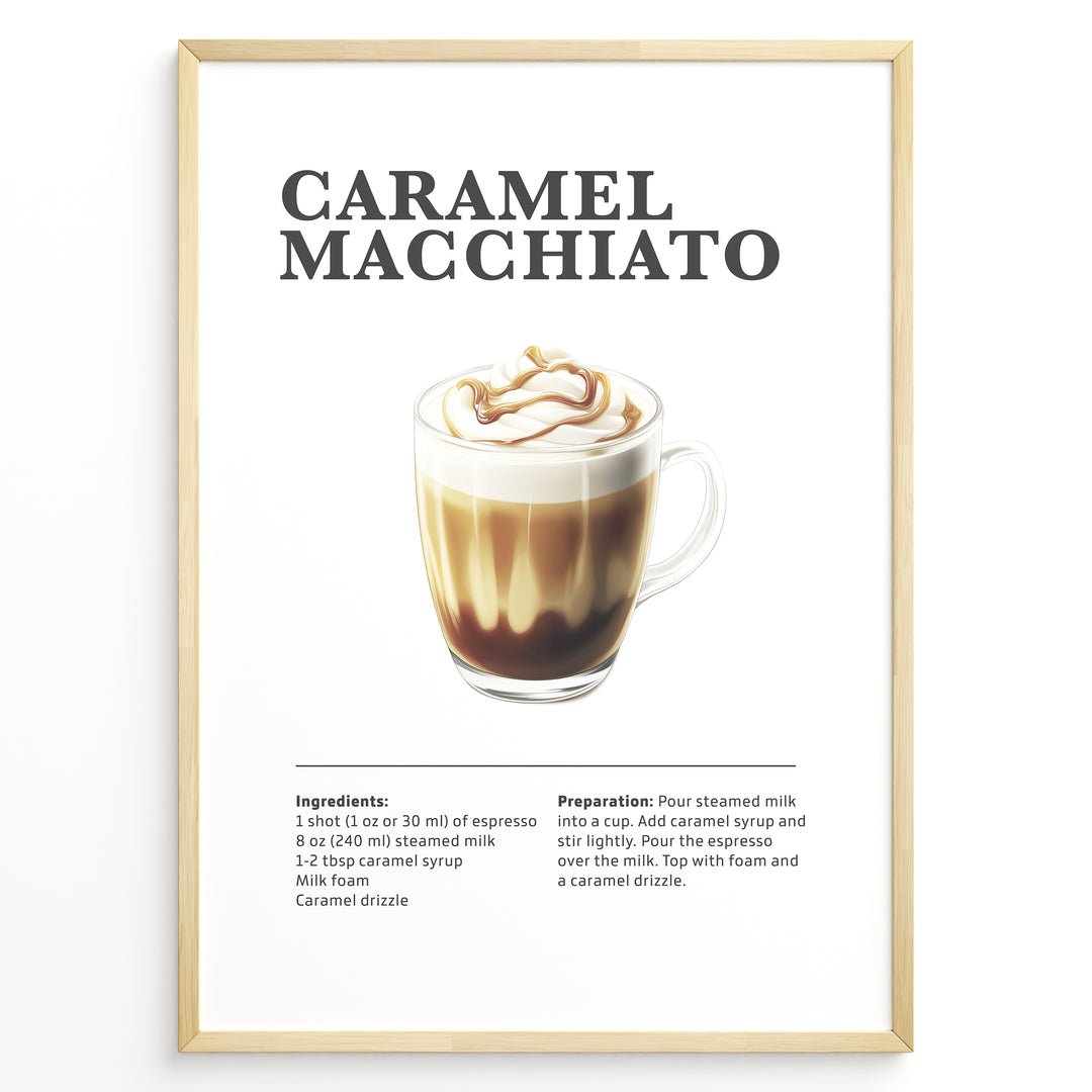 Illustrated Caramel Macchiato recipe poster with espresso, steamed milk, foam, and caramel drizzle in a glass cup.