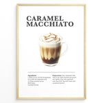 Load image into Gallery viewer, Illustrated Caramel Macchiato recipe poster with espresso, steamed milk, foam, and caramel drizzle in a glass cup.
