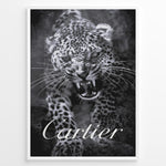 Load image into Gallery viewer, Fashion Plakat | Cartier-Inspired Art Featuring Fierce Leopard Plakaty.dk | Black-and-white image of a snarling leopard with bared teeth, with the word &quot;Cartier&quot; elegantly overlaid at the bottom.

