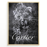 Load image into Gallery viewer, Fashion Plakat | Cartier-Inspired Art Featuring Fierce Leopard Plakaty.dk | Black-and-white image of a snarling leopard with bared teeth, with the word &quot;Cartier&quot; elegantly overlaid at the bottom.
