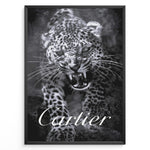 Load image into Gallery viewer, Fashion Plakat | Cartier-Inspired Art Featuring Fierce Leopard Plakaty.dk | Black-and-white image of a snarling leopard with bared teeth, with the word &quot;Cartier&quot; elegantly overlaid at the bottom.
