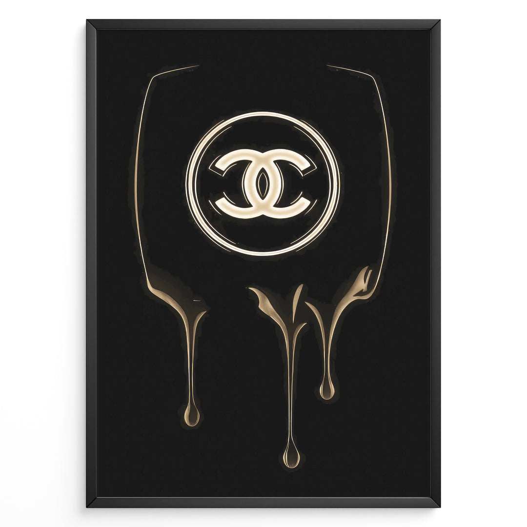 Fashion Plakat | Chanel Gold Drip Logo – Luxury Modern Wall Art Plakaty.dk | Gold dripping Chanel logo on a black background, designed as a modern luxury fashion wall art print.