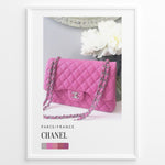 Load image into Gallery viewer, Fashion Plakat | Chanel Pink Quilted Bag – Parisian Elegance Wall Art Plakaty.dk | Pink Chanel quilted handbag with silver chain displayed in front of white flowers, accompanied by a color palette and labeled “Paris/France Chanel”.
