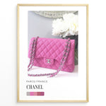 Load image into Gallery viewer, Fashion Plakat | Chanel Pink Quilted Bag – Parisian Elegance Wall Art Plakaty.dk | Pink Chanel quilted handbag with silver chain displayed in front of white flowers, accompanied by a color palette and labeled “Paris/France Chanel”.

