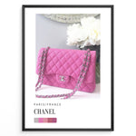 Load image into Gallery viewer, Fashion Plakat | Chanel Pink Quilted Bag – Parisian Elegance Wall Art Plakaty.dk | Pink Chanel quilted handbag with silver chain displayed in front of white flowers, accompanied by a color palette and labeled “Paris/France Chanel”.
