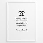 Load image into Gallery viewer, Fashion Plakat | Chanel Quote Poster – “Beauty Begins” Inspirational Wall Art Plakaty.dk | Minimalist poster with the Chanel logo and the quote “Beauty begins the moment you decide to be yourself” by Coco Chanel.
