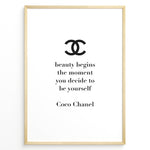 Load image into Gallery viewer, Fashion Plakat | Chanel Quote Poster – “Beauty Begins” Inspirational Wall Art Plakaty.dk | Minimalist poster with the Chanel logo and the quote “Beauty begins the moment you decide to be yourself” by Coco Chanel.
