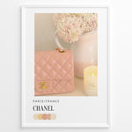 Load image into Gallery viewer, Fashion Plakat | Chanel in Bloom – Soft Pink Elegance Poster Plakaty.dk | Blush pink Chanel quilted handbag beside pastel flowers and a candle, evoking soft luxury and feminine Parisian style.

