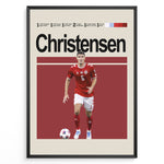 Load image into Gallery viewer, Christensen fodbold plakat i rød Danmark landsholdstrøje nummer 6 med bold foran sig i minimalistisk rød baggrund.
