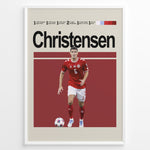 Load image into Gallery viewer, Christensen fodbold plakat i rød Danmark landsholdstrøje nummer 6 med bold foran sig i minimalistisk rød baggrund.
