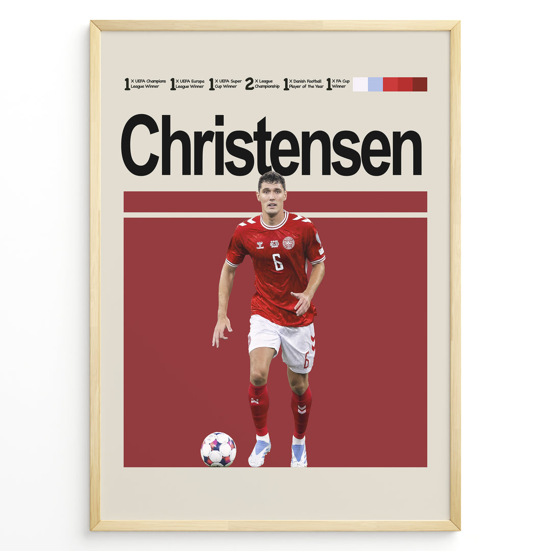 Christensen fodbold plakat i rød Danmark landsholdstrøje nummer 6 med bold foran sig i minimalistisk rød baggrund.