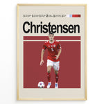 Load image into Gallery viewer, Christensen fodbold plakat i rød Danmark landsholdstrøje nummer 6 med bold foran sig i minimalistisk rød baggrund.
