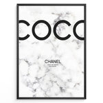 Load image into Gallery viewer, Fashion Plakat | Coco Chanel Quote Poster on Marble Background – Fashion Wall Art Plakaty.dk | Minimalist poster with large &quot;COCO&quot; text and a Chanel quote on a white marble background: &quot;I don&#39;t do fashion, I am fashion.&quot;
