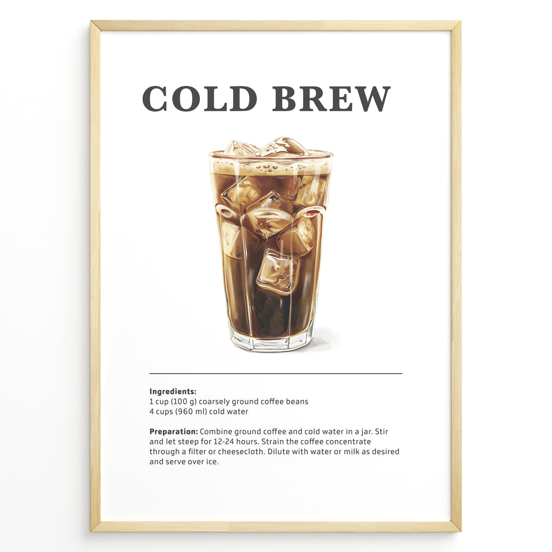 Illustrated Cold Brew recipe poster with a tall glass of iced coffee and ice cubes.