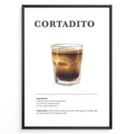 Load image into Gallery viewer, Illustrated Cortadito recipe poster with a glass of espresso mixed with steamed milk.
