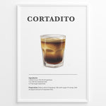 Load image into Gallery viewer, Illustrated Cortadito recipe poster with a glass of espresso mixed with steamed milk.
