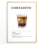 Load image into Gallery viewer, Illustrated Cortadito recipe poster with a glass of espresso mixed with steamed milk.
