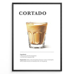 Load image into Gallery viewer, Illustrated Cortado recipe poster with a glass of espresso mixed with steamed milk.
