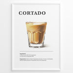 Load image into Gallery viewer, Illustrated Cortado recipe poster with a glass of espresso mixed with steamed milk.
